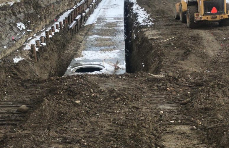 Our engineered shoring solution was used in Calgary, Alberta, so that a storm drain could be safely installed.