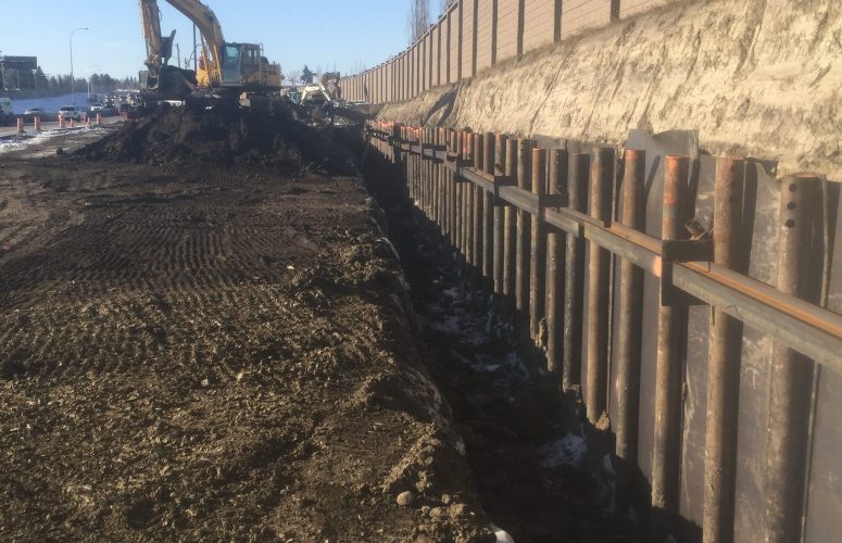 Our engineered shoring solution was used in Calgary, Alberta, so that a storm drain could be safely installed.